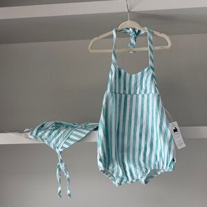 Little & Lively Striped Halter Baby Romper with Matching Bonnet - Aqua & White